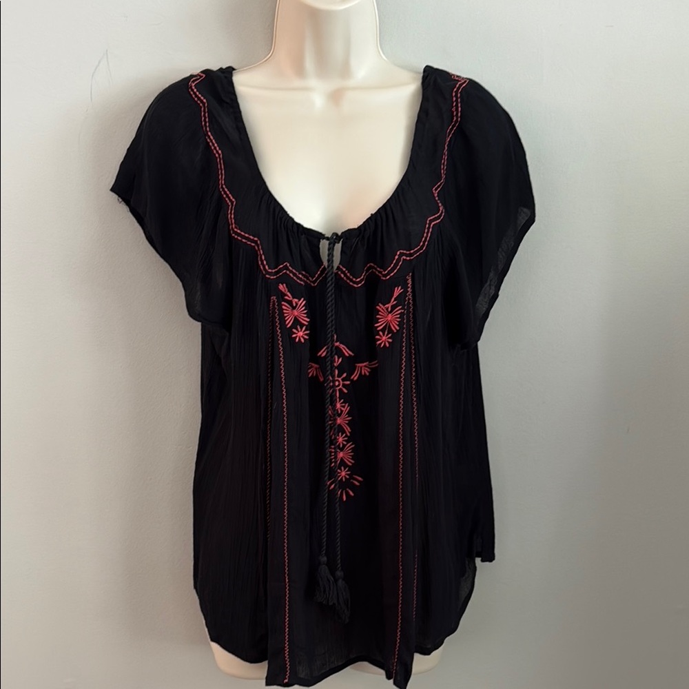 Boho Peasant Blouse in Black with Pink Embroidery Size Large